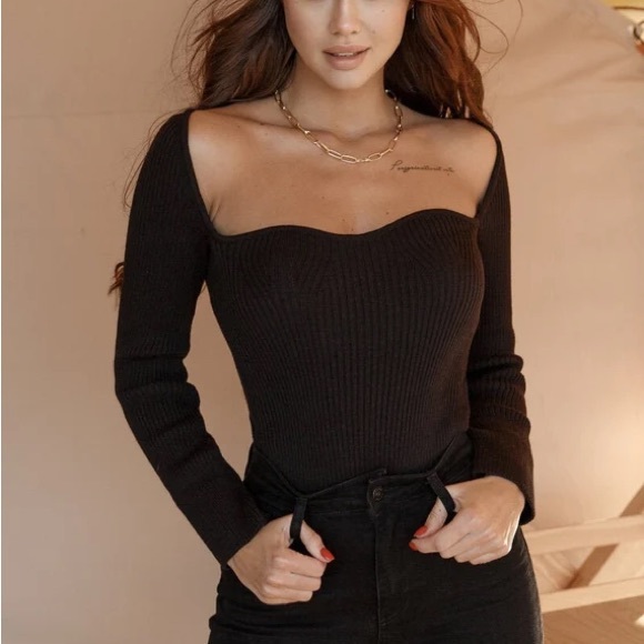 Womens Sweater Top Sweetheart Neck Ribbed Bustier Corset Knit Long Flare Sleeve - Picture 4 of 6